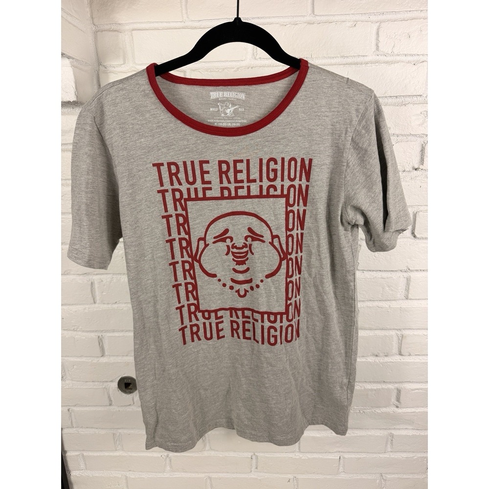 True Religion Kids XL 18-20 Gray Red Buddha Graphic Ringer T Shirt Tee